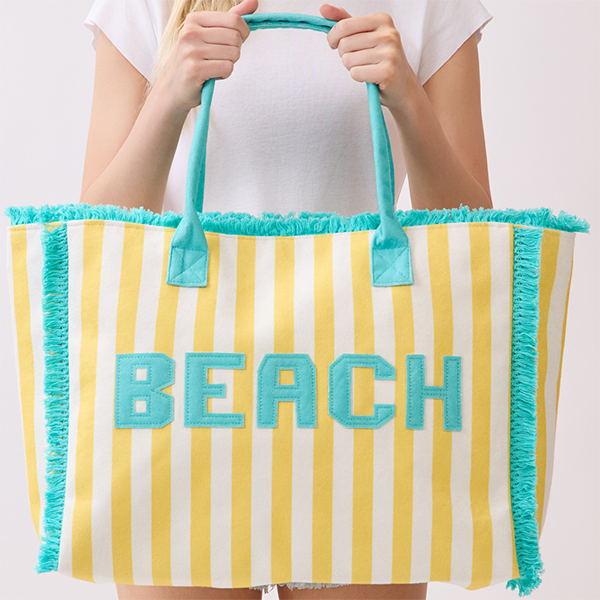 Striped Embroidered Beach letter Terry Cloth Frayed Tote