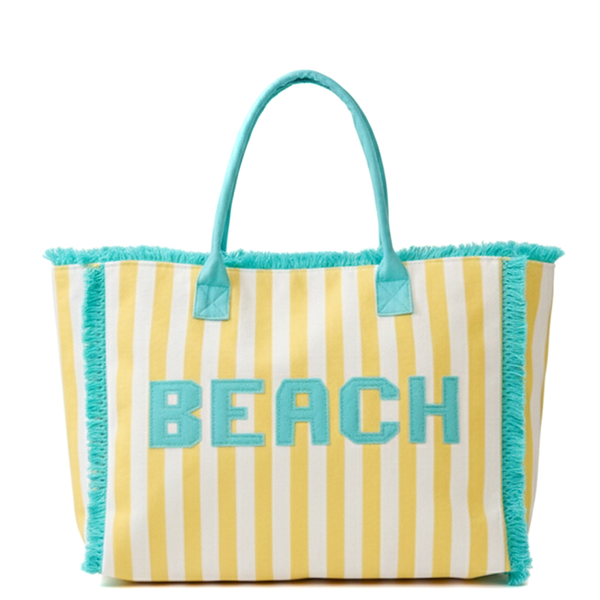 Striped Embroidered Beach letter Terry Cloth Frayed Tote