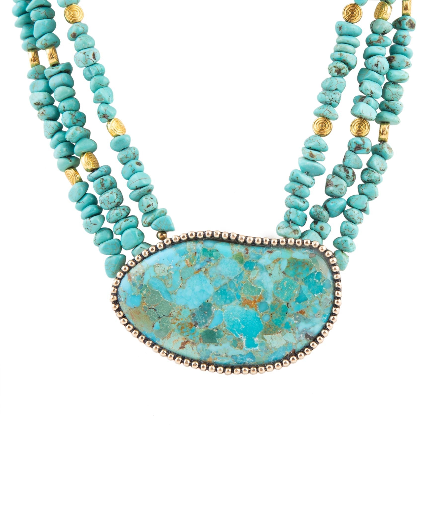 Turquoise beaded statement necklace with large turquoise stone pendant and gold accents.